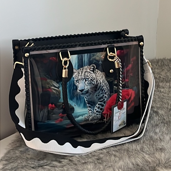 *SOLD* CHiP Bags modern style black white blue leopard lion roses tote purse - Picture 15 of 15